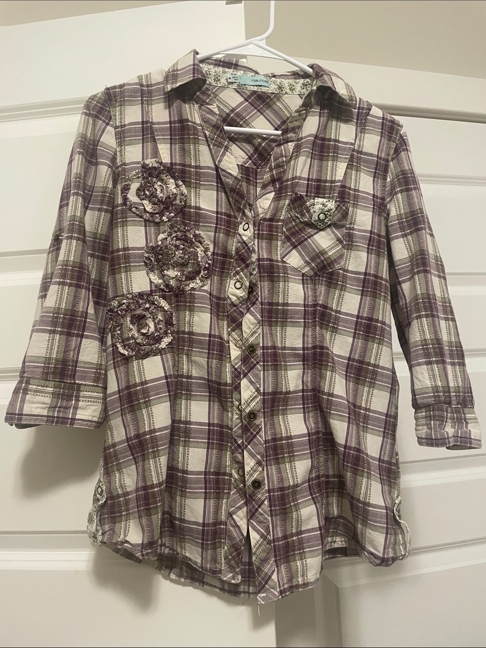 Plaid Button-Front Girls' Shirt Top in Purple and Cream
